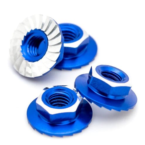 #1U-870101 - 1UP RACING – LOCKDOWN 7075 ALUMINIUM M4 FLANGED AND SERRATED WHEEL NUTS – DARK BLUE (4)