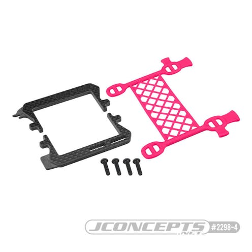 #JC2298-4 - JConcepts Carbon fibre logo battery cradle with cargo net battery brace - pink (all Associated B6, T6 or SC6)