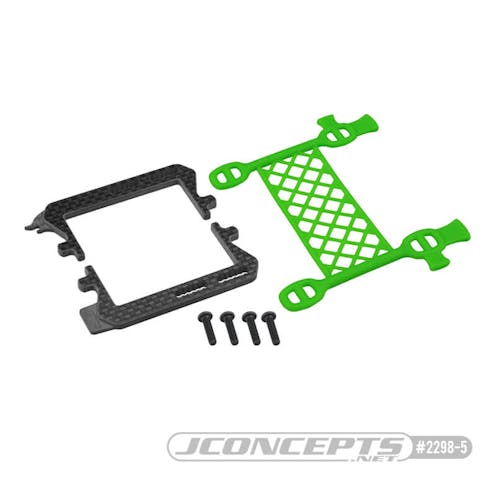 #JC2298-5 - JConcepts Carbon fibre logo battery cradle with cargo net battery brace - green (all Associated B6, T6 or SC6)