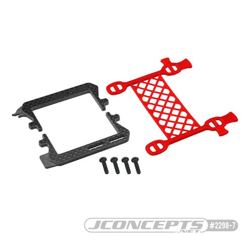 #JC2298-7 - JConcepts Carbon fibre logo battery cradle with cargo net battery brace - red (all Associated B6, T6 or SC6)
