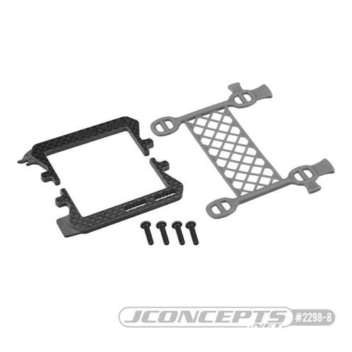#JC2298-8 - JConcepts Carbon fibre logo battery cradle with cargo net battery brace - grey (all Associated B6, T6 or SC6)