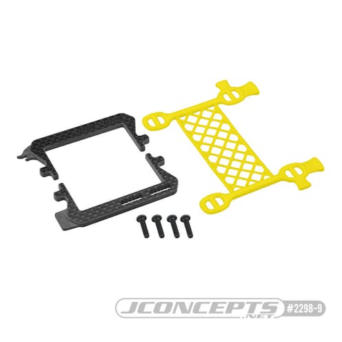 #JC2298-9 - JConcepts Carbon fibre logo battery cradle with cargo net battery brace - yellow (all Associated B6, T6 or SC6)