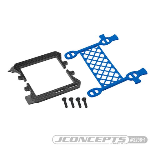 #JC2298-1 - JConcepts Carbon fibre logo battery cradle with cargo net battery brace - blue (all Associated B6, T6 or SC6)